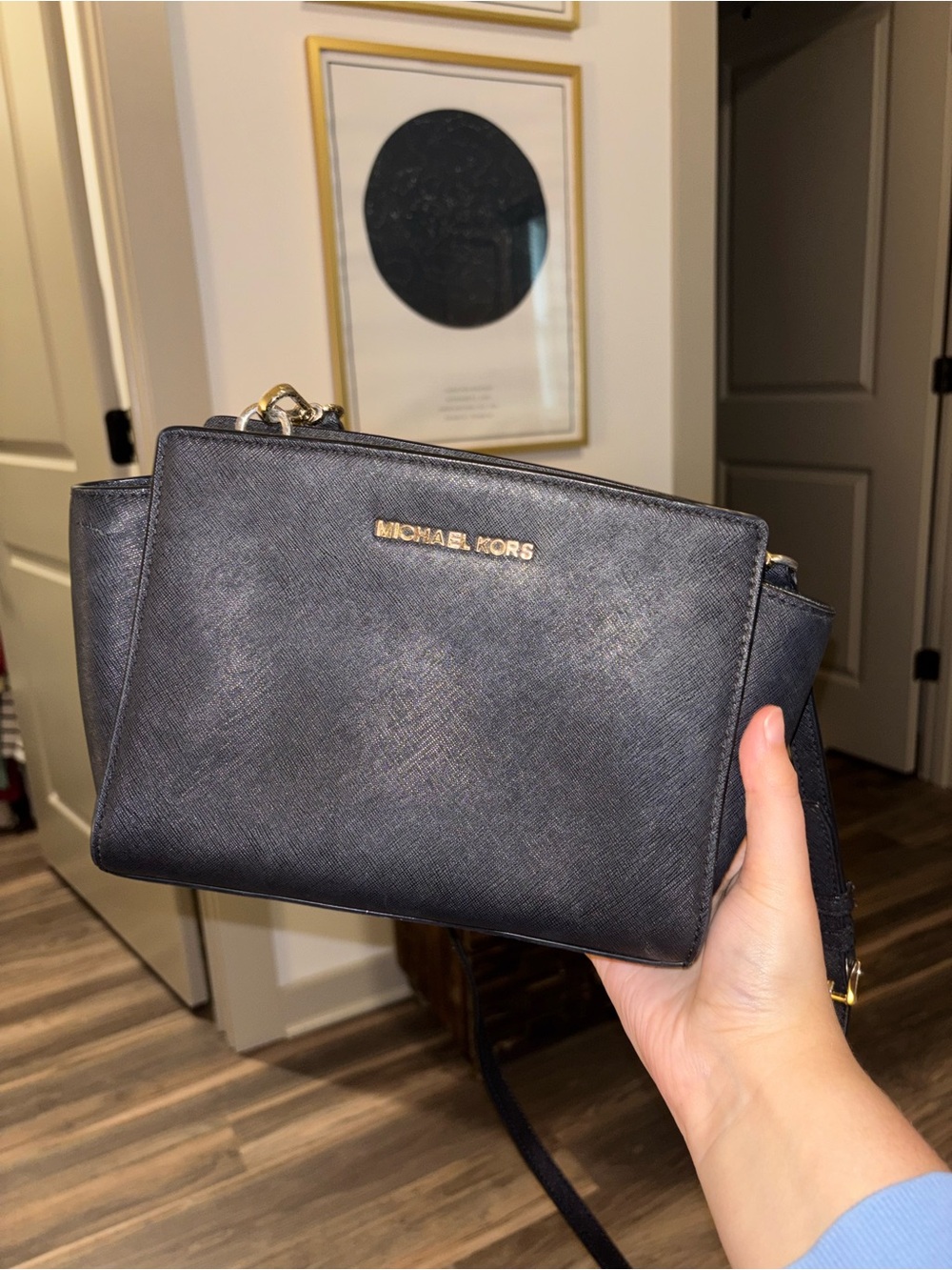 Michael Kors Black Saffiano Leather Crossbody Bag with Gold Hardware